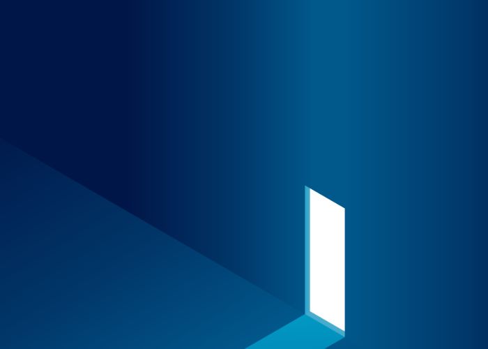 a blue background with a white door
